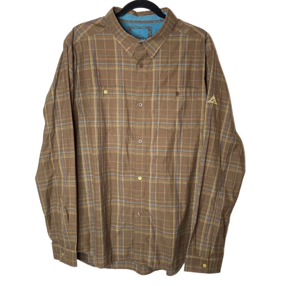 Prana Brown Blue‎ Plaid Western Style Shirt Mens XL Chest Pockets Cotton Blend